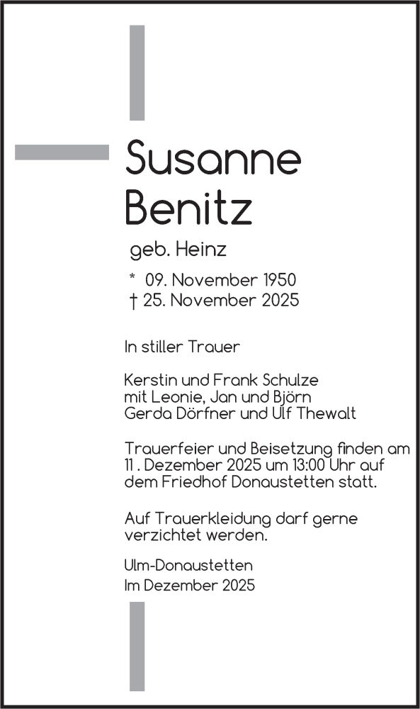 Traueranzeige für Susanne Benitz vom 06.12.2025 aus SÜDWEST PRESSE Ausgabe Ulm/Neu-Ulm