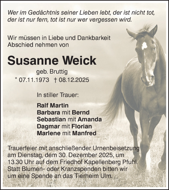 Traueranzeige von Susanne Weick von SÜDWEST PRESSE Ausgabe Ulm/Neu-Ulm