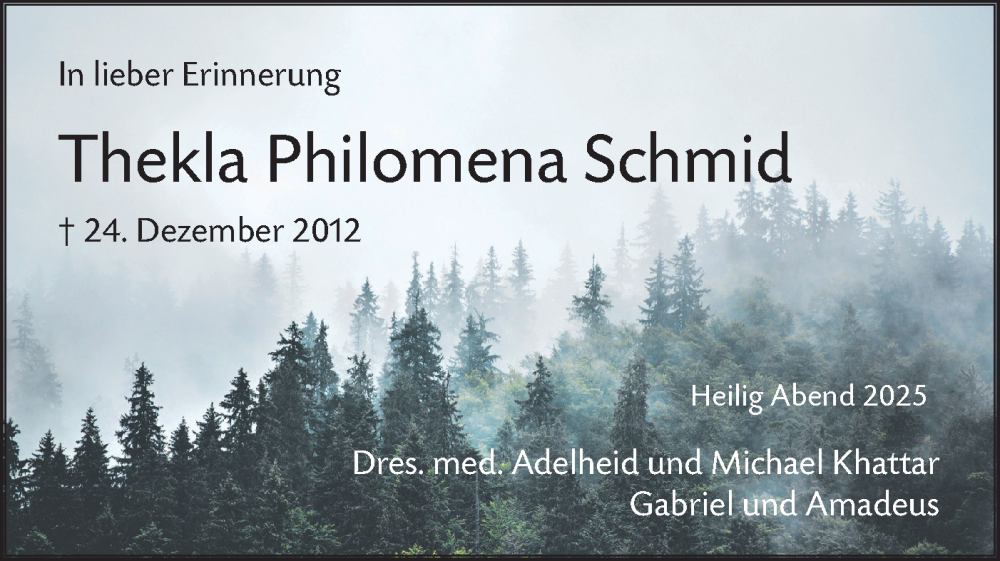  Traueranzeige für Thekla Philomena Schmid vom 24.12.2025 aus SÜDWEST PRESSE Ausgabe Ulm/Neu-Ulm