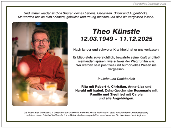 Traueranzeige von Theo Künstle von Schwäbische Tagblatt