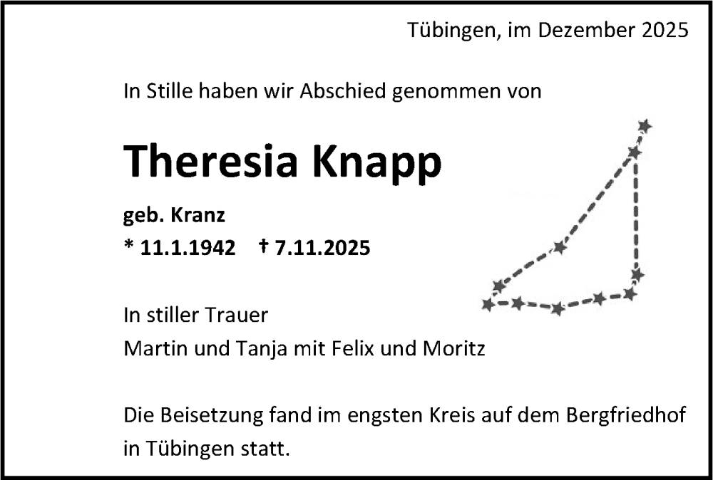  Traueranzeige für Theresia Knapp vom 13.12.2025 aus Schwäbische Tagblatt