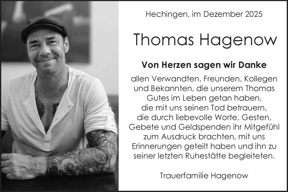  Traueranzeige für Thomas Hagenow vom 13.12.2025 aus SÜDWEST PRESSE Zollernalbkreis/Hohenzollerische Zeitung