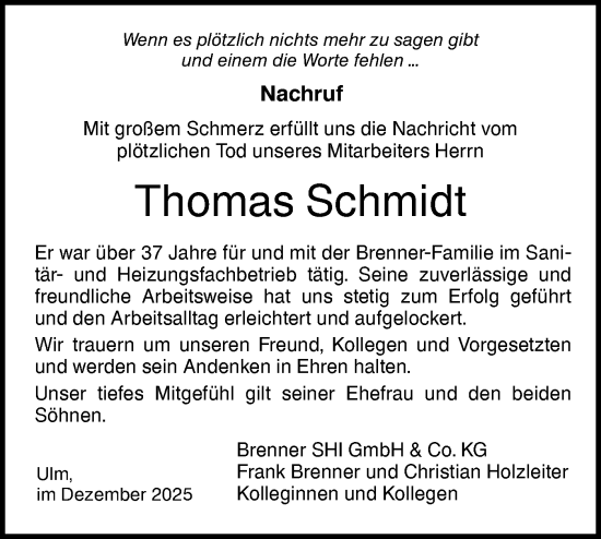 Traueranzeige von Thomas Schmidt von SÜDWEST PRESSE Ausgabe Ulm/Neu-Ulm