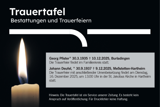 Traueranzeige von Totentafel vom 13.12.2025 von SÜDWEST PRESSE Zollernalbkreis/Hohenzollerische Zeitung