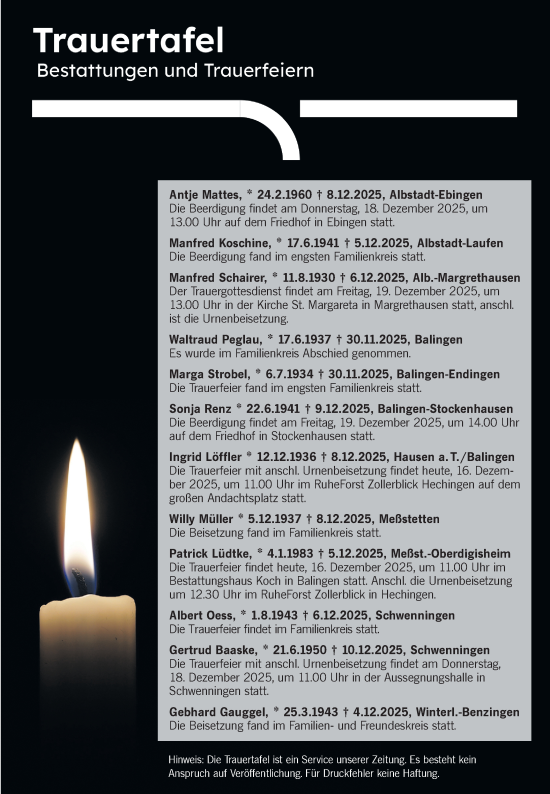 Traueranzeige von Totentafel vom 16.12.2025 von SÜDWEST PRESSE Zollernalbkreis/Hohenzollerische Zeitung