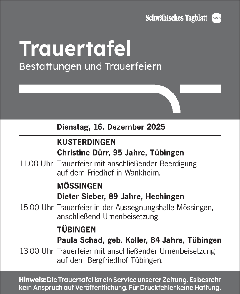  Traueranzeige für Totentafel vom 16.12.2025 vom 16.12.2025 aus Schwäbische Tagblatt