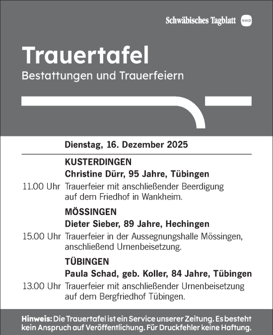 Traueranzeige von Totentafel vom 16.12.2025 von Schwäbische Tagblatt