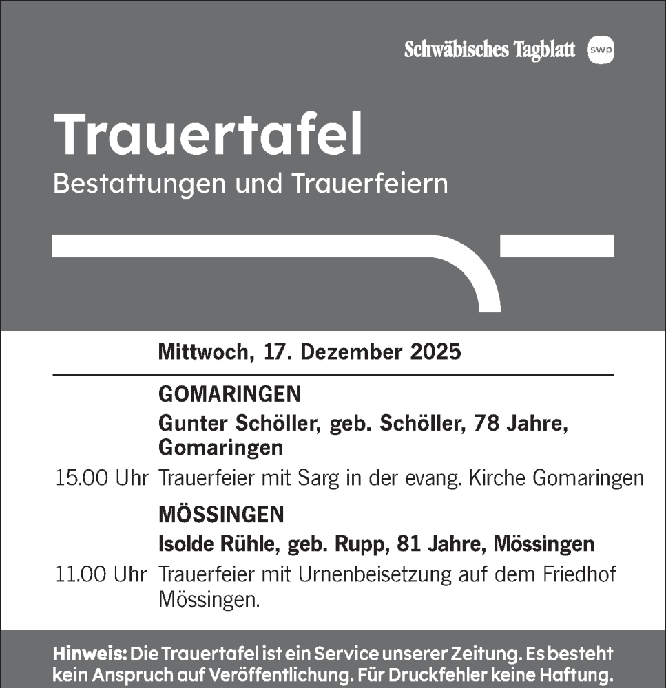  Traueranzeige für Totentafel vom 17.12.2025 vom 17.12.2025 aus Schwäbische Tagblatt