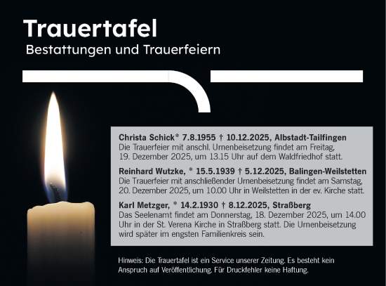 Traueranzeige von Totentafel vom 17.12.2025 von SÜDWEST PRESSE Zollernalbkreis/Hohenzollerische Zeitung