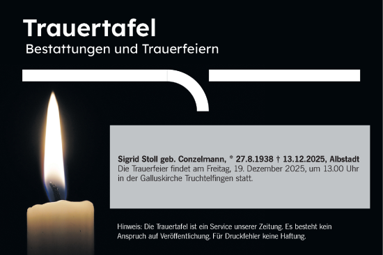 Traueranzeige von Totentafel vom 18.12.2025 von SÜDWEST PRESSE Zollernalbkreis/Hohenzollerische Zeitung