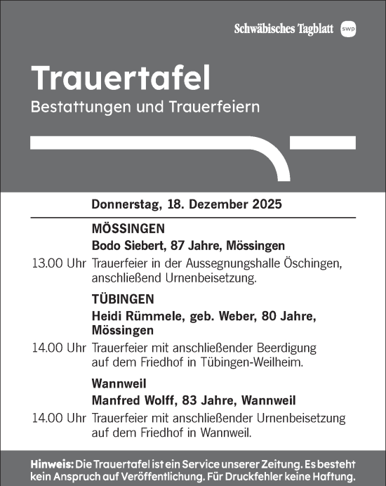 Traueranzeige von Totentafel vom 18.12.2025 von Schwäbische Tagblatt