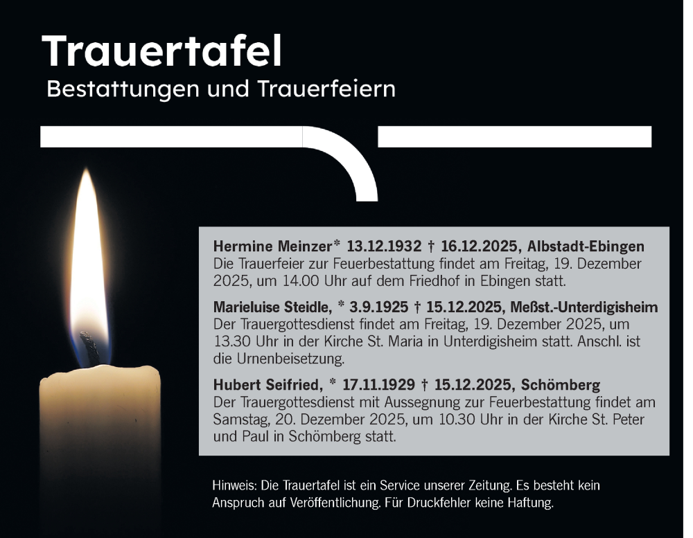  Traueranzeige für Totentafel vom 19.12.2025 vom 19.12.2025 aus SÜDWEST PRESSE Zollernalbkreis/Hohenzollerische Zeitung