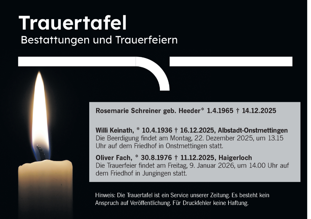  Traueranzeige für Totentafel vom 20.12.2025 vom 20.12.2025 aus SÜDWEST PRESSE Zollernalbkreis/Hohenzollerische Zeitung