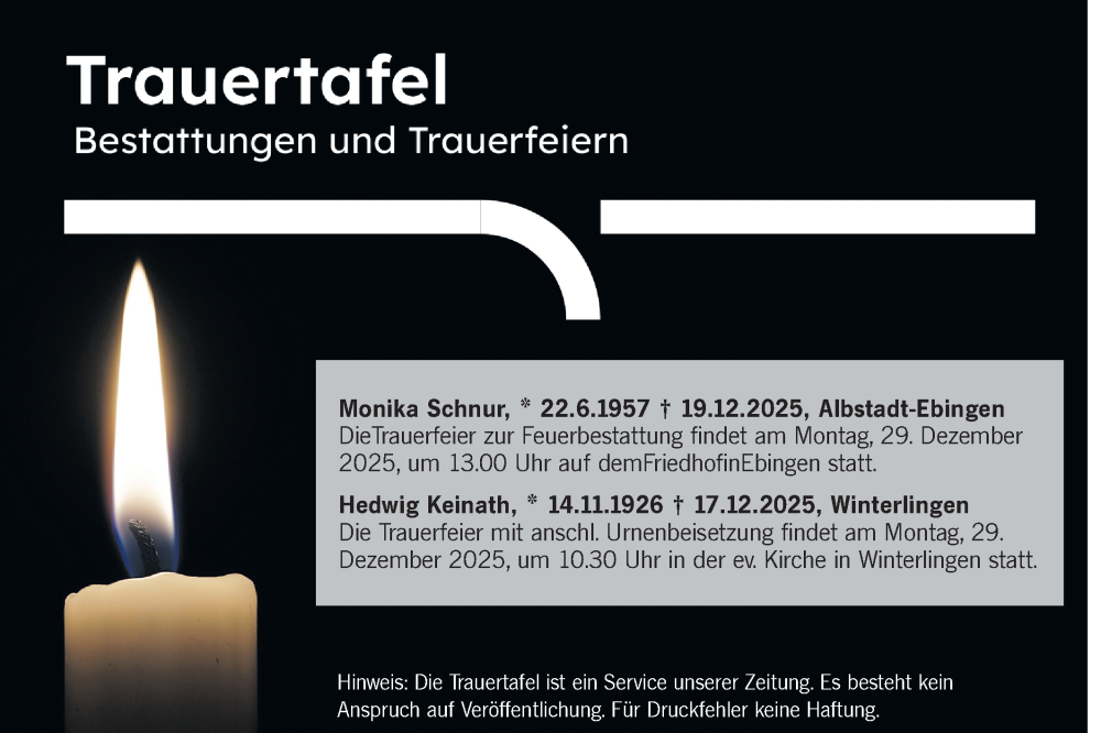  Traueranzeige für Totentafel vom 24.12.2025 vom 24.12.2025 aus SÜDWEST PRESSE Zollernalbkreis/Hohenzollerische Zeitung