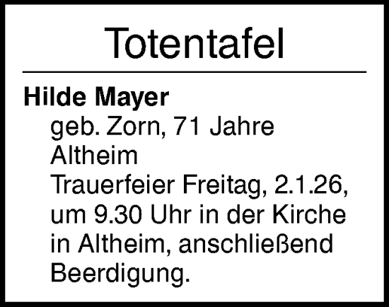 Traueranzeige von Totentafel vom 30.12.2025 von Ehinger Tagblatt