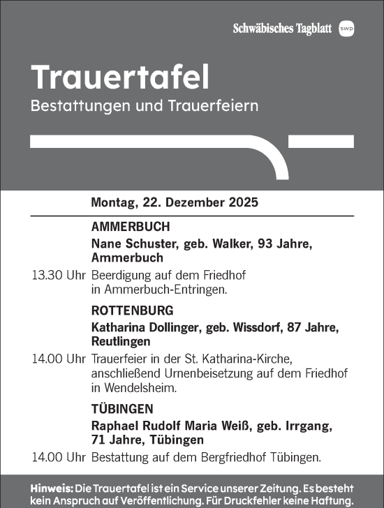 Traueranzeige von Trauertafel vom 22.12.2025 von Schwäbische Tagblatt