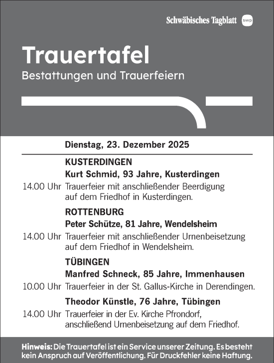 Traueranzeige von Trauertafel vom 23.12.2025 von Schwäbische Tagblatt