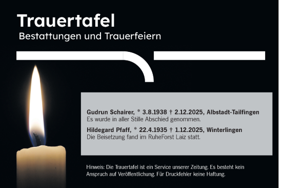 Traueranzeige von Trauertafel vom 23.12.2025 von SÜDWEST PRESSE Zollernalbkreis/Hohenzollerische Zeitung