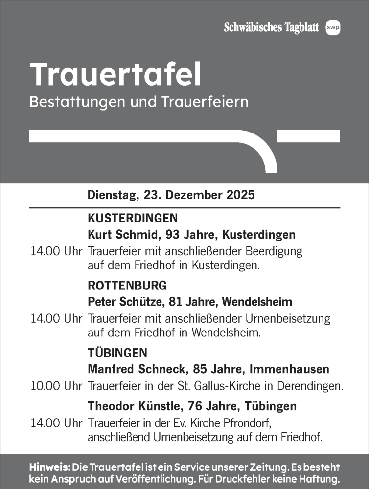  Traueranzeige für Trauertafel vom 23.12.2025 vom 23.12.2025 aus Schwäbische Tagblatt