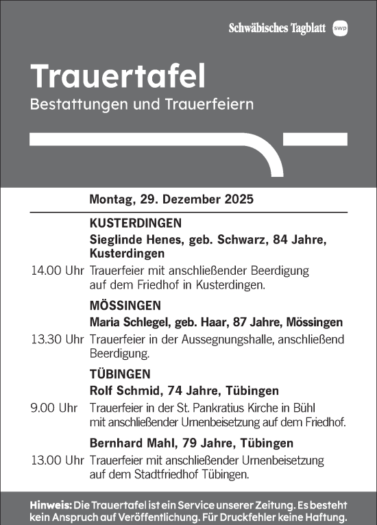 Traueranzeige von Trauertafel vom 29.12.2025 von Schwäbische Tagblatt