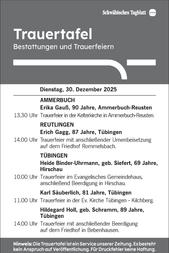 Traueranzeige von Trauertafel vom 30.12.2025 von Schwäbische Tagblatt