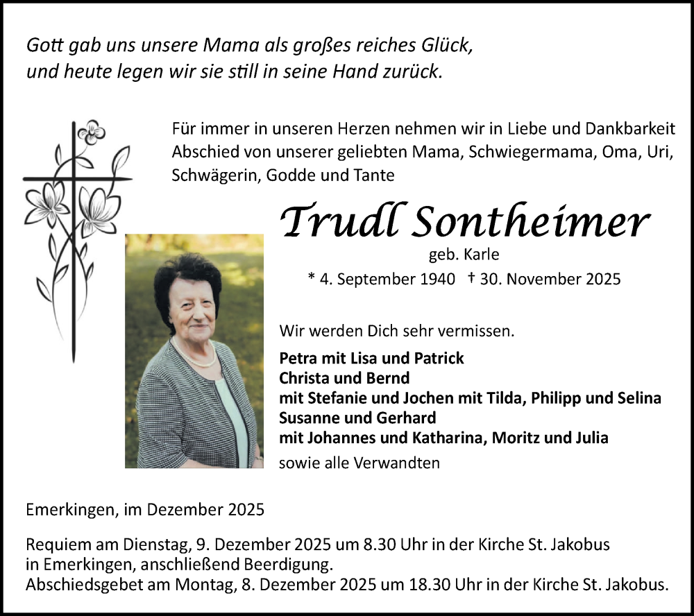  Traueranzeige für Trudl Sontheimer vom 05.12.2025 aus Ehinger Tagblatt