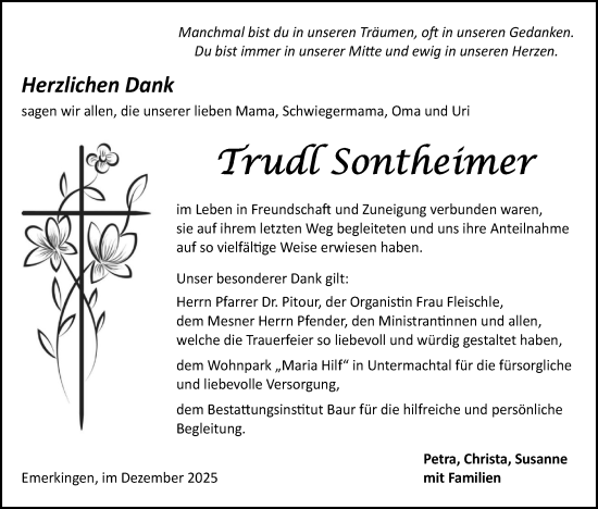 Traueranzeige von Trudl Sontheimer von Ehinger Tagblatt
