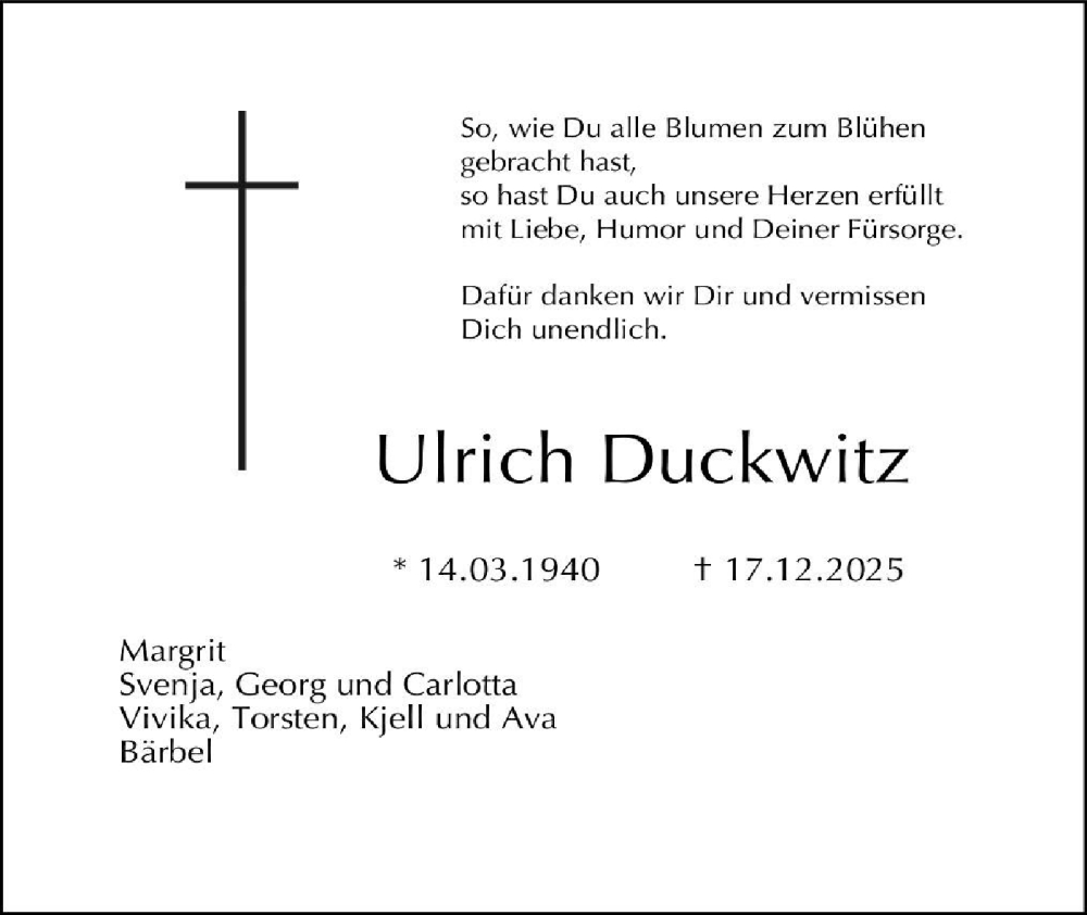  Traueranzeige für Ulrich Duckwitz vom 31.12.2025 aus Haller Tagblatt
