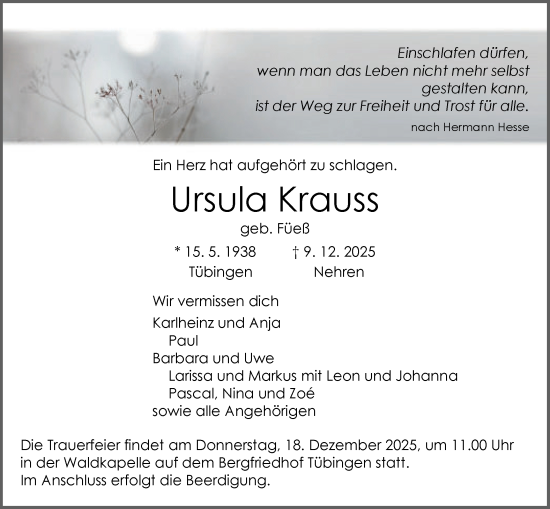 Traueranzeige von Ursula Krauss von Schwäbische Tagblatt
