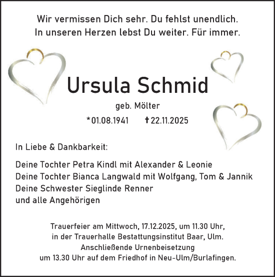Traueranzeige von Ursula Schmid von SÜDWEST PRESSE Ausgabe Ulm/Neu-Ulm