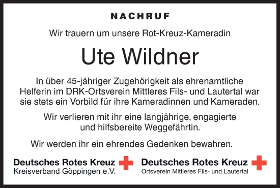 Traueranzeige von Ute Wildner von NWZ Neue Württembergische Zeitung/Geislinger Zeitung