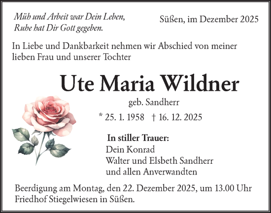 Traueranzeige von Ute Maria Wildner von NWZ Neue Württembergische Zeitung