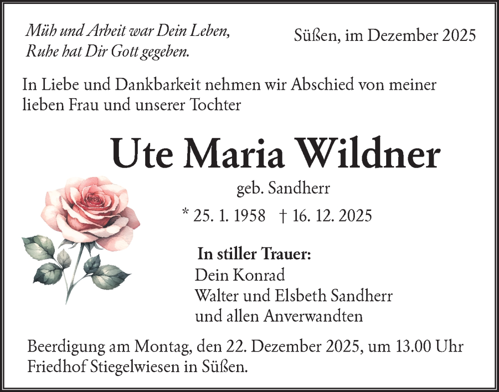  Traueranzeige für Ute Maria Wildner vom 20.12.2025 aus NWZ Neue Württembergische Zeitung