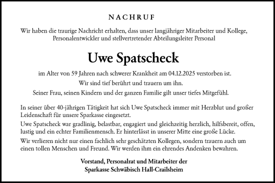 Traueranzeige von Uwe Spatscheck von Hohenloher Tagblatt/Haller Tagblatt