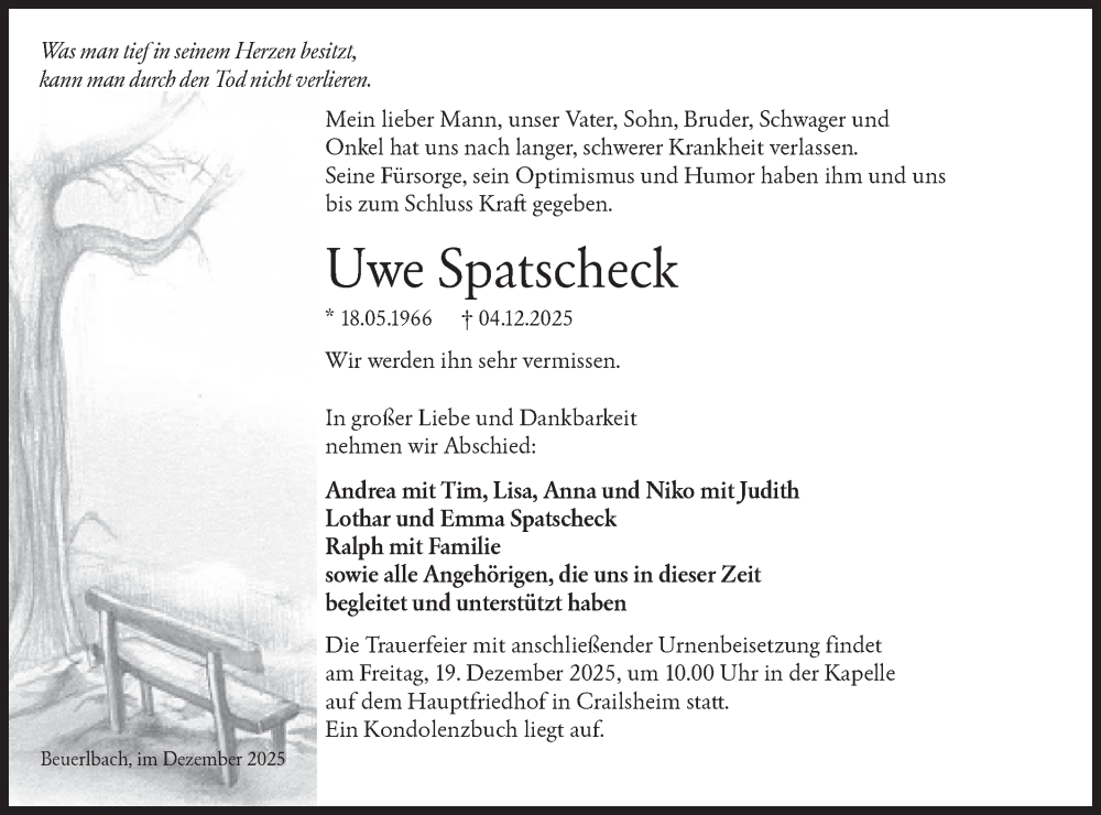  Traueranzeige für Uwe Spatscheck vom 13.12.2025 aus Hohenloher Tagblatt/Haller Tagblatt