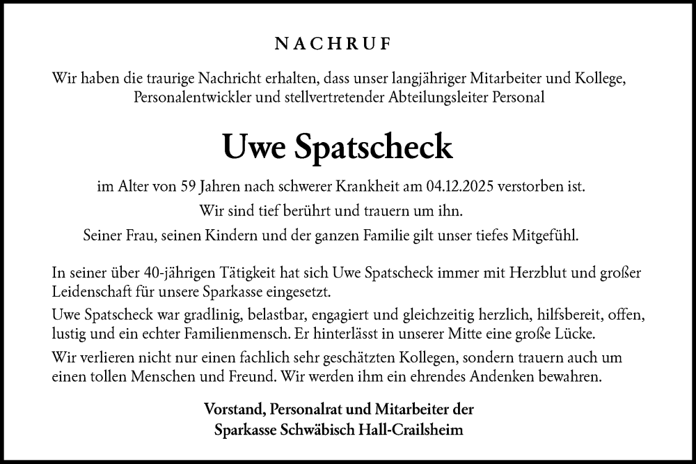  Traueranzeige für Uwe Spatscheck vom 13.12.2025 aus Hohenloher Tagblatt/Haller Tagblatt