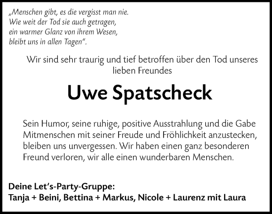 Traueranzeige von Uwe Spatscheck von Hohenloher Tagblatt