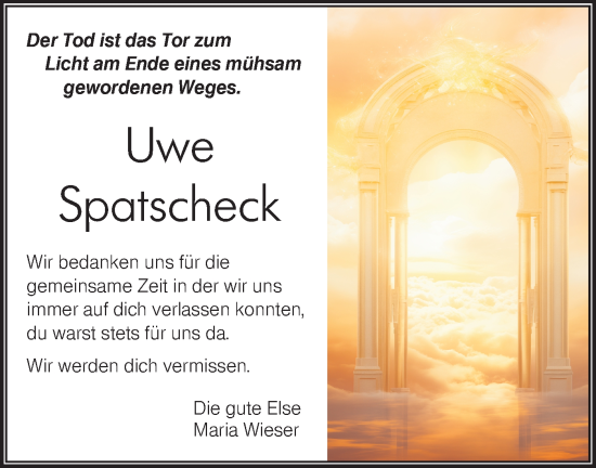 Traueranzeige von Uwe Spatscheck von Hohenloher Tagblatt