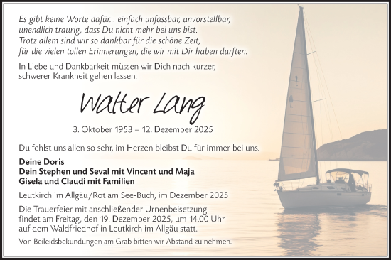 Traueranzeige von Walter Lang von Hohenloher Tagblatt