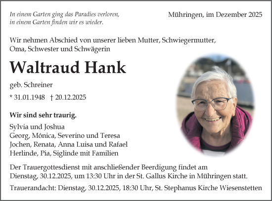 Traueranzeige von Waltraud Hank von Neckar-Chronik