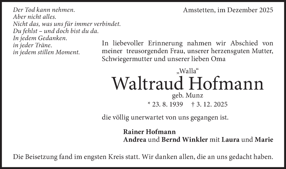  Traueranzeige für Waltraud Hofmann vom 20.12.2025 aus Geislinger Zeitung