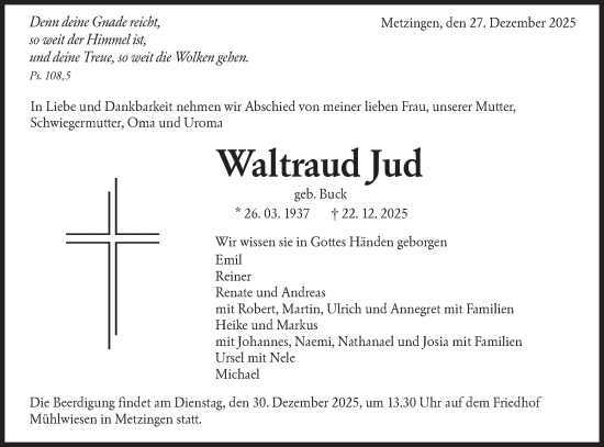 Traueranzeige von Waltraud Jud von Alb-Bote/Metzinger-Uracher Volksblatt