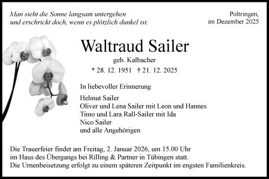 Traueranzeige von Waltraud Sailer von Schwäbische Tagblatt