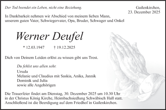 Traueranzeige von Werner Deufel von Haller Tagblatt