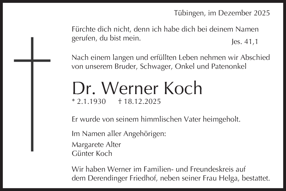  Traueranzeige für Werner Koch vom 31.12.2025 aus Schwäbische Tagblatt
