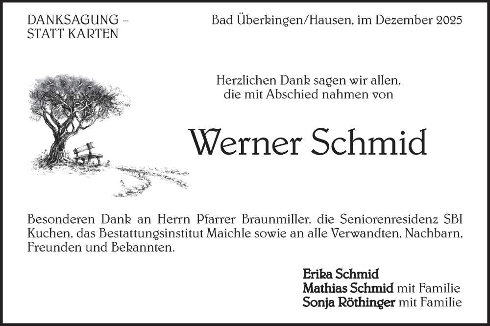  Traueranzeige für Werner Schmid vom 20.12.2025 aus Geislinger Zeitung