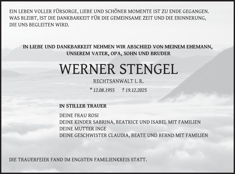  Traueranzeige für Werner Stengel vom 30.12.2025 aus SÜDWEST PRESSE Zollernalbkreis/Hohenzollerische Zeitung