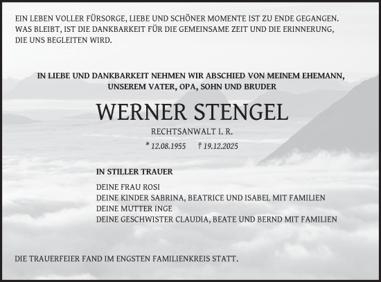 Traueranzeige von Werner Stengel von SÜDWEST PRESSE Zollernalbkreis/Hohenzollerische Zeitung