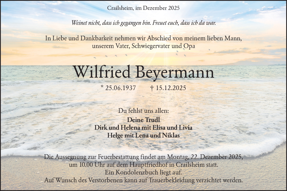  Traueranzeige für Wilfried Beyermann vom 18.12.2025 aus Hohenloher Tagblatt