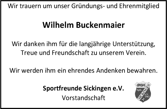 Traueranzeige von Wilhelm Buckenmaier von SÜDWEST PRESSE Zollernalbkreis/Hohenzollerische Zeitung